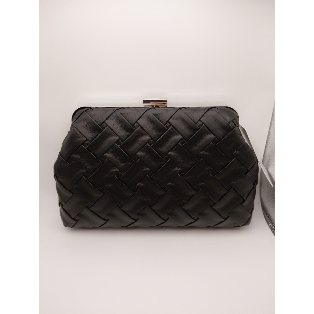 GUNNE SAX Black Woven Faux Leather Clutch Purse Metal Frame Evening Wedding